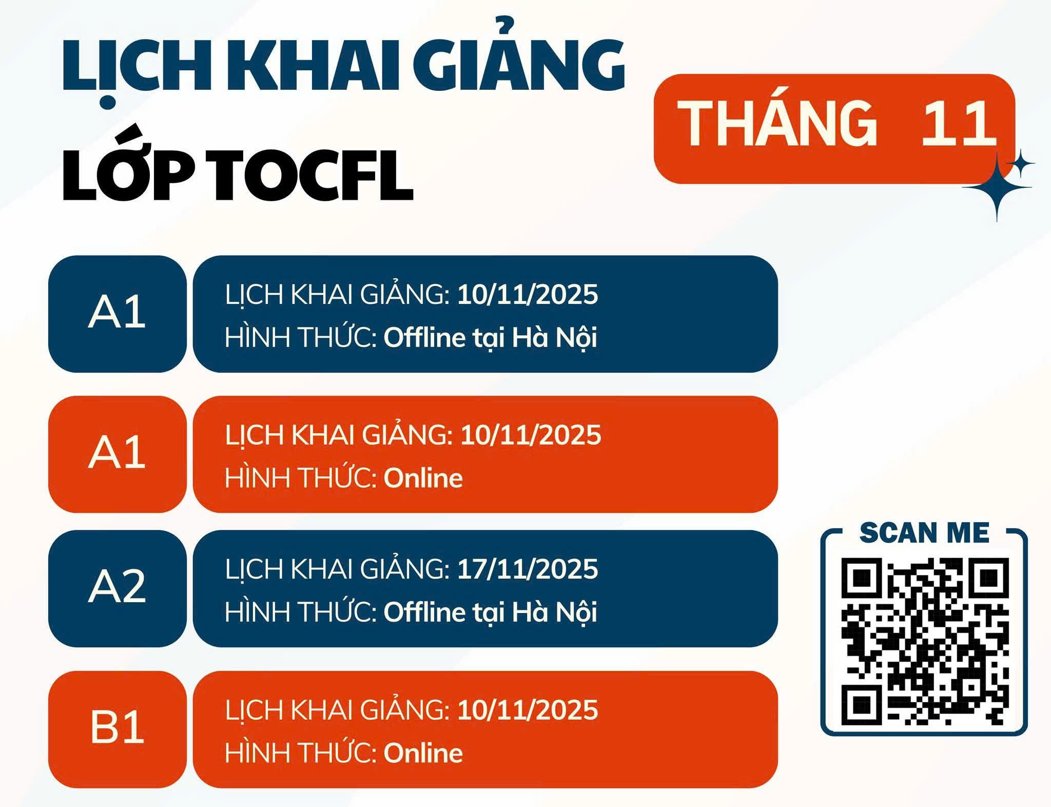 Lịch mở lớp TOCFL Tháng 11/2025