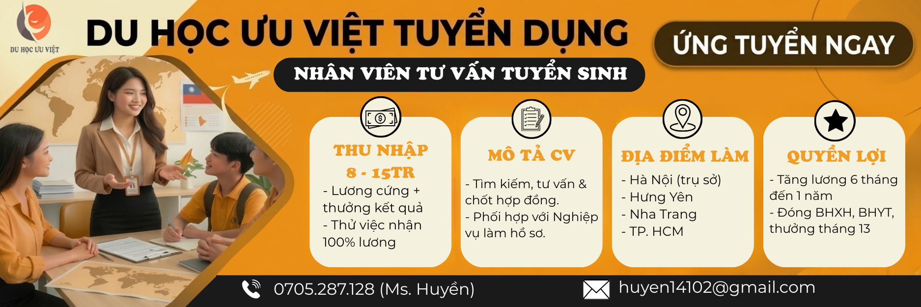 Du học Ưu Việt tuyển dụng vị trí NHÂN VIÊN TƯ VẤN TUYỂN SINH